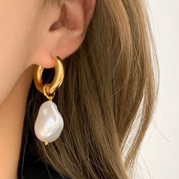 Gold Pearl Drop Earrings - Picture 1 of 8